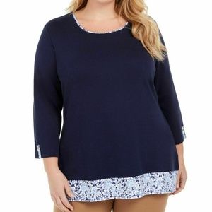 NWT Karen Scott Women's Blue 3/4 Button/Tab Sleeve Layered Look Top Plus Size 1X